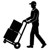 A silhouette of a man pushing a cart with boxes vector