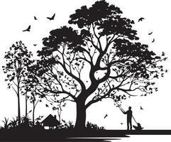 Silhouette of a man and his dog under a tree vector