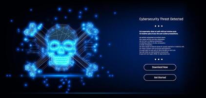 Cybersecurity alert indicating a detected threat with a digital skull and crossbones on a blue background. vector