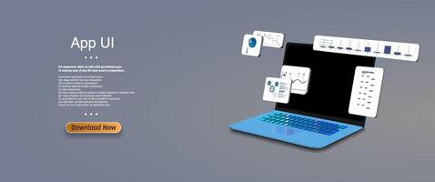A laptop displaying dynamic app user interface elements and data visualizations for technology enthusiasts in a modern workspace setting. vector