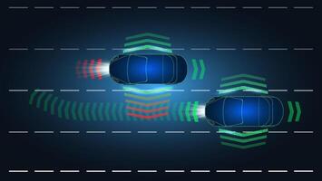 Two autonomous vehicles navigating a digital roadway at night, showcasing advanced sensor technology and lane detection systems. vector