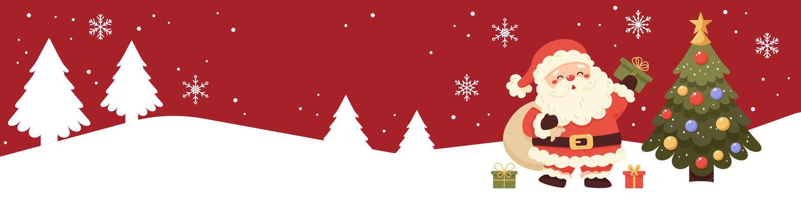 Christmas banner design with cute Santa Claus, gifts and Christmas tree. Winter forest with snowflakes on red background. Xmas party invitation or poster template.