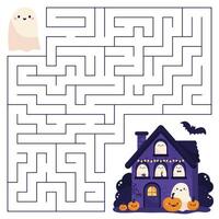 Halloween maze game for kids. Help the ghost find right way to haunted house. Cute kawaii characters. Activity sheet. Labyrinth puzzle. vector