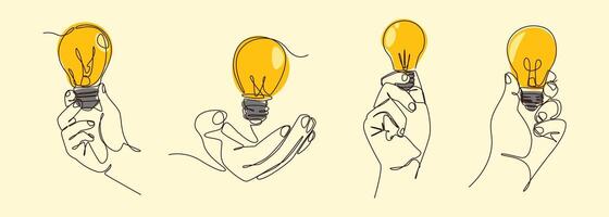 Set continuous one line drawing of hand holding light bulb, idea lamp. Editable line and colored illustration. vector