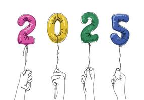 Continuous one line drawing of hand holding balloon with number 2025 shape. New year celebration concept. Editable line and colored illustration. vector
