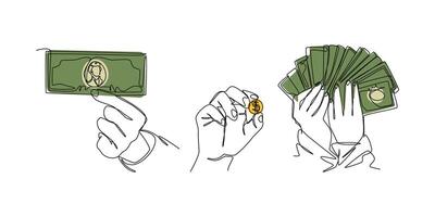 Set continuous one line drawing of hand holding money, banknote, and coin. Editable line and colored illustration. vector