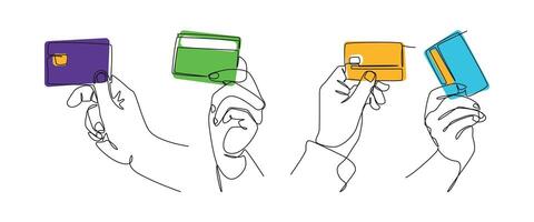 Set collection of hands holding credit card in continuous one line drawing style. Editable line and colored illustration. vector