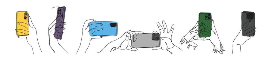 Set collection of different poses of hands holding smartphones in continuous one line drawing style. Editable line and colored illustration. vector