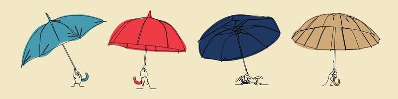 Collection of continuous one line drawing of hands holding umbrella. Editable line and colored illustration. vector
