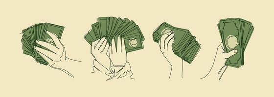 Set continuous one line drawing of hand holding many banknotes. People hands showing wad of money. Editable line and colored illustration. vector