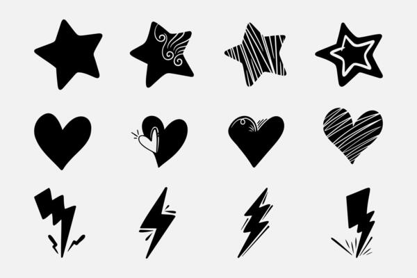 Collection of doodle hand drawn elements. Love, lightning and stars.