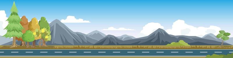 Horizontal view of empty asphalt road. Background of trees and green grass and mountain. Lush green meadows spread out on both sides meadow. Clear blue sky with fluffy white clouds. vector