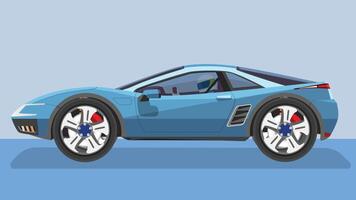 Concept illustration of detailed side of a flat soft blue sport car. with shadow of car on reflected from the ground below. can view interior of car with Racing Driver. vector