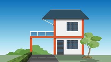 or illustration of a private minimal house two floor. Background of big spring tree backside of house. Front of house with dirt paths and green grass. Under clear blue sky. vector