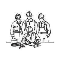 Continuous Line Drawing of Construction Workers in Safety Gear for Occupational Safety Concept silhouette on white background vector