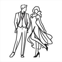 single one line Elegant couple in modern clothes silhouette on white background vector