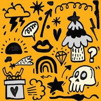 Edgy Doodle Collection with Symbols and Icons on Yellow vector