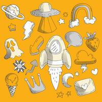 Retro Space Doodle Collection with UFO and Rocket vector