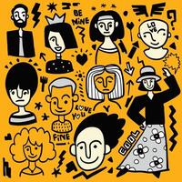 Stylish Character Doodle Collection with Expressions and Text vector