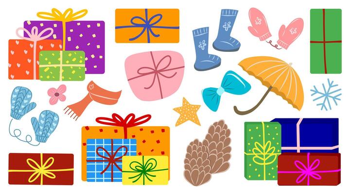 Hand drawn illustration set of gift boxes in bright color, pink and blue gloves, ribbon, boots, umbrella, scarf, and pine for winter holiday elements. Isolated object for poster, pattern.