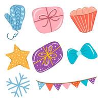 Hand drawn illustration set of gift box in bright color, gloves, ribbon, stars shape, flag, cupcake, and snowflake for winter holiday elements. Isolated object for poster or pattern pattern. vector
