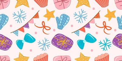 Horizontal seamless pattern of gift box, flag, gloves, ribbon, stars, cupcake, and snowflakes on soft pink color isolated for print and festive background winter holiday. vector