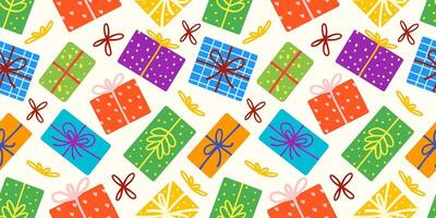 Seamless patterns of gift box in different variations with bright colors and ribbons for print, wallpaper design, wrapping or festive background of winter holiday. vector