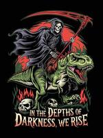 Infernal Grim Reaper Riding a Fiery T-Rex with Skulls vector
