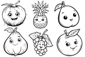 Coloring page illustration of smiling fruits including an coconut, pineapple, mango, fig, grape and orange. vector