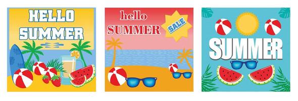 Hello summer concept design. Summer travel poster banner. Summer text banner design with white title and colorful tropical beach elements. Set flat modern illustration vector