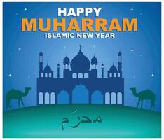 Muharram Islamic new year greeting card with camel in front of the mosque. flat modern illustration vector