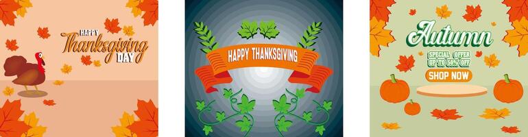 Happy Thanksgiving Day. Retro greeting card with ribbon and text happy thanksgiving. Autumn Display Podium Decoration. Set flat modern illustration vector