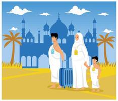 A Muslim Family pilgrim wearing ihram clothes with a suitcase just arrived in mecca to perform Hajj or umrah Pilgrimage. flat modern illustration vector