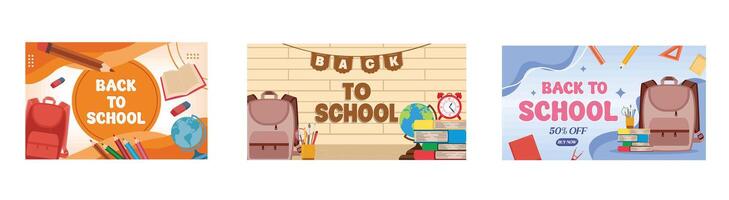 Welcome and back to school. Desktop globe. Backpacks and books, clock and pencils with desk lamp. Set flat modern illustration vector