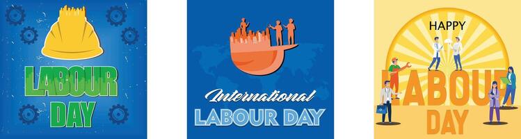 Labor Day lettering with helmet. Happy Labor Day Typography with a group of workers and Safety Helmet. Happy international labor day. Set flat modern illustration vector