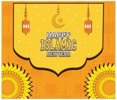 Islamic new year background, lights and half moon and gold lines on pattern. Luxurious realistic style mosque design. flat modern illustration vector