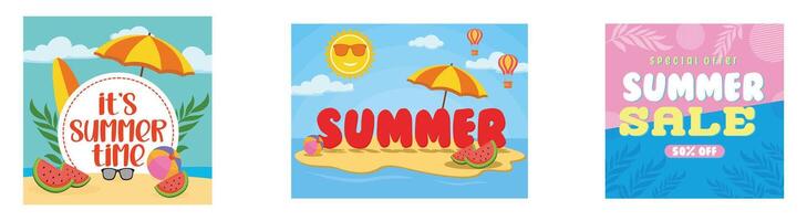 Summer with colorful beach text and elements. Summer concept on beach island with summer elements. Creative summer sale banner with bright colors. Set flat modern illustration vector