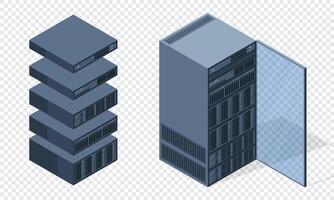Isometric server. Server racks. Server boxes isolated. Network server room. Computer network technology. illustration vector