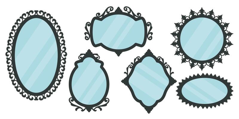 Set of vertical and horizontal vintage mirrors isolated on white background. Mirrors icon. Retro looking glass with elgant antique frames. Luxury classic home furniture in antique style.