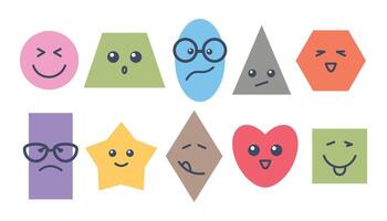 Set of Cute geometric shapes. Doodle hand drawn Fun shapes with various Emotion. Cartoon characters in different color, forms with expressive faces and glasses. illustration for kids design vector