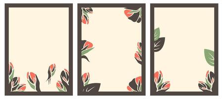 Set of flower cards isolated on white background. Abstract floral template with blossom, leaves, Bloom. Hand drawn design with bloom, rose, bud. illustration for poster, card, print, invitation vector