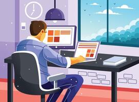 Male Working with Laptop and Computer vector