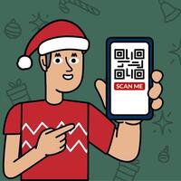 Smiling young man with Christmas hat showing cell phone with QR vector