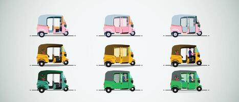 Set of yellow and Green auto-rickshaw illustrations in India. with rickshaw paint on it. front view, side view of tuk-tuk vector