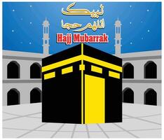 Eid Al Adha Mubarak design banner with Kaaba and minarets for Hajj with Arabic text meaning. flat modern illustration vector