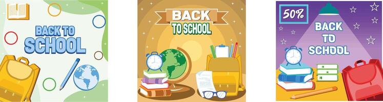 Back to school. Greeting text with backpack school bag and educational elements. Stack of books with alarm clock. Back to school with school supplies. Set flat modern illustration vector