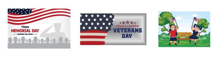 Memorial day with flags and soldiers in the background. Veterans Day in America. Celebrating American Independence Day. Set flat modern illustration vector