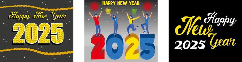 New Year card for the year of the snake 2025. Happy people across the New Year in 2025. Handwritten calligraphy Happy New Year. Set flat modern illustration vector
