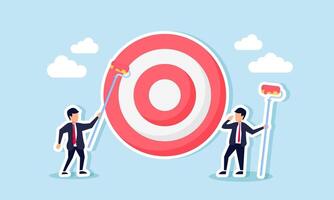 Two businessmen hold paintbrushes, coloring or updating a target board, illustrating evaluation and upgrades of business targets to maintain good performance vector