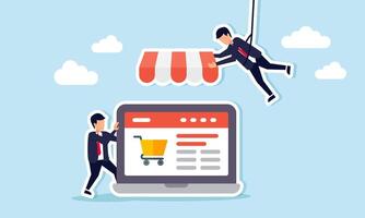 A businessman holding a laptop display a marketplace site while another hangs carrying a store canopy cover, illustration of teamwork in build an attractive and effective marketplace vector